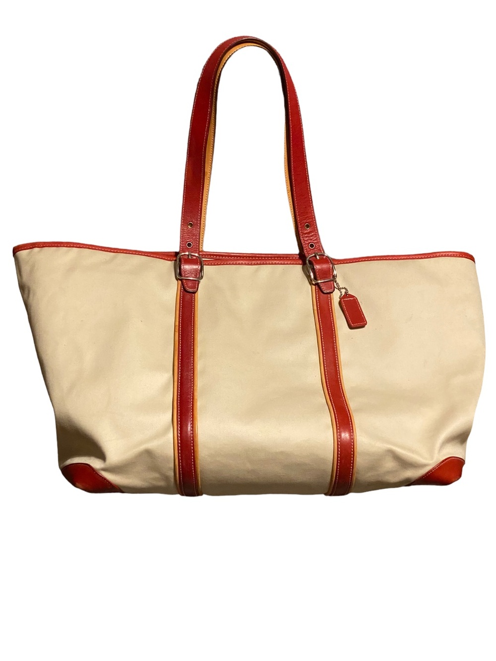 Vintage Coach Hamptons Tote Canvas With Tan/Red Leather Straps/Trim Zipper Close